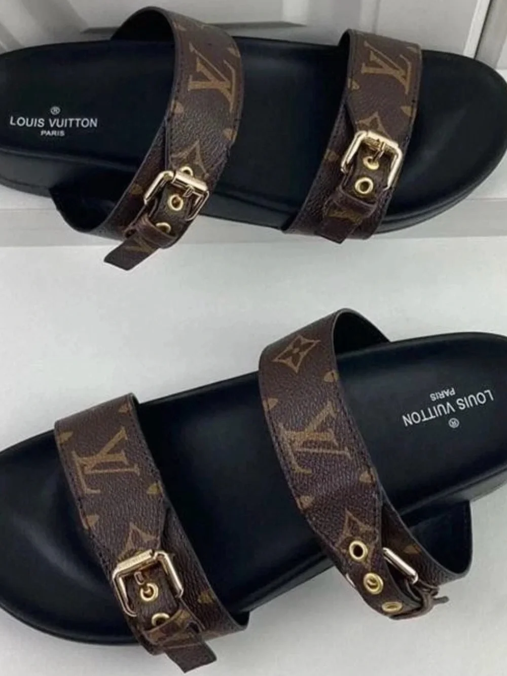 Louis Vuitton Brown Monogram Double Buckle Slide Sandals